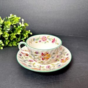 Haddon Hall Minton Bone China Floral Cup and Saucer England Green Trim